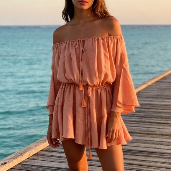 SNDYS. Pants - NWT SNDYS Everyday Roam Off Shoulder Mini Dress Romper in Orange Size Med